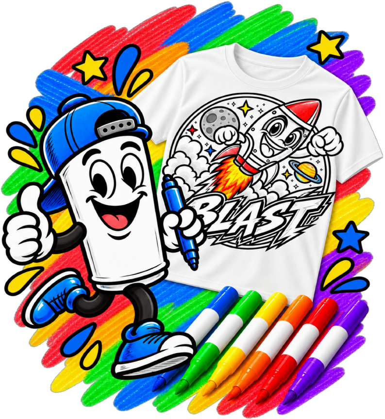 Color-your-own rocket ship T-shirt with fabric markers and the MarkerMade mascot