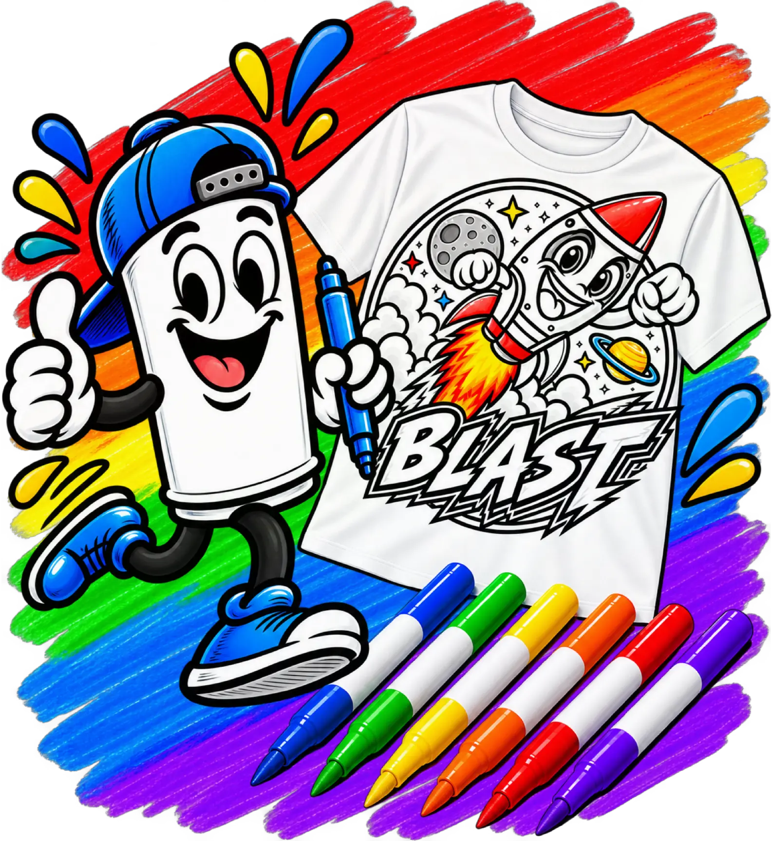 Color-your-own rocket ship T-shirt with fabric markers and the MarkerMade mascot