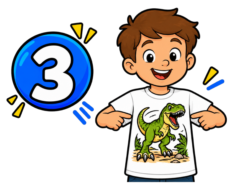 Step 3: a boy proudly wearing his colored dinosaur shirt